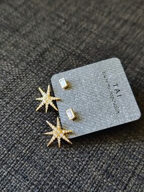 TAI Jewelry Starburst & Baguette Stud Earrings Set - Gold NEW